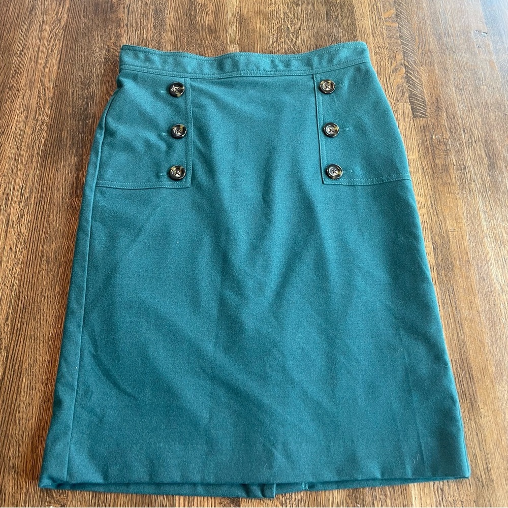 Ann Taylor Green Pencil Skirt with Sailor Buttons Classic Preppy Size 4